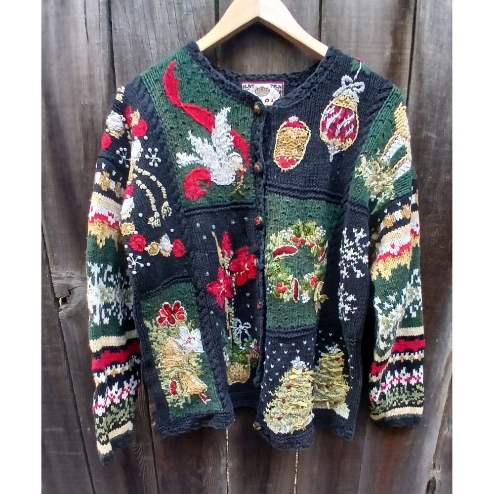 VTG 1998 Tiara International Black Patchwork Christmas Cardigan Cotton Sweater L